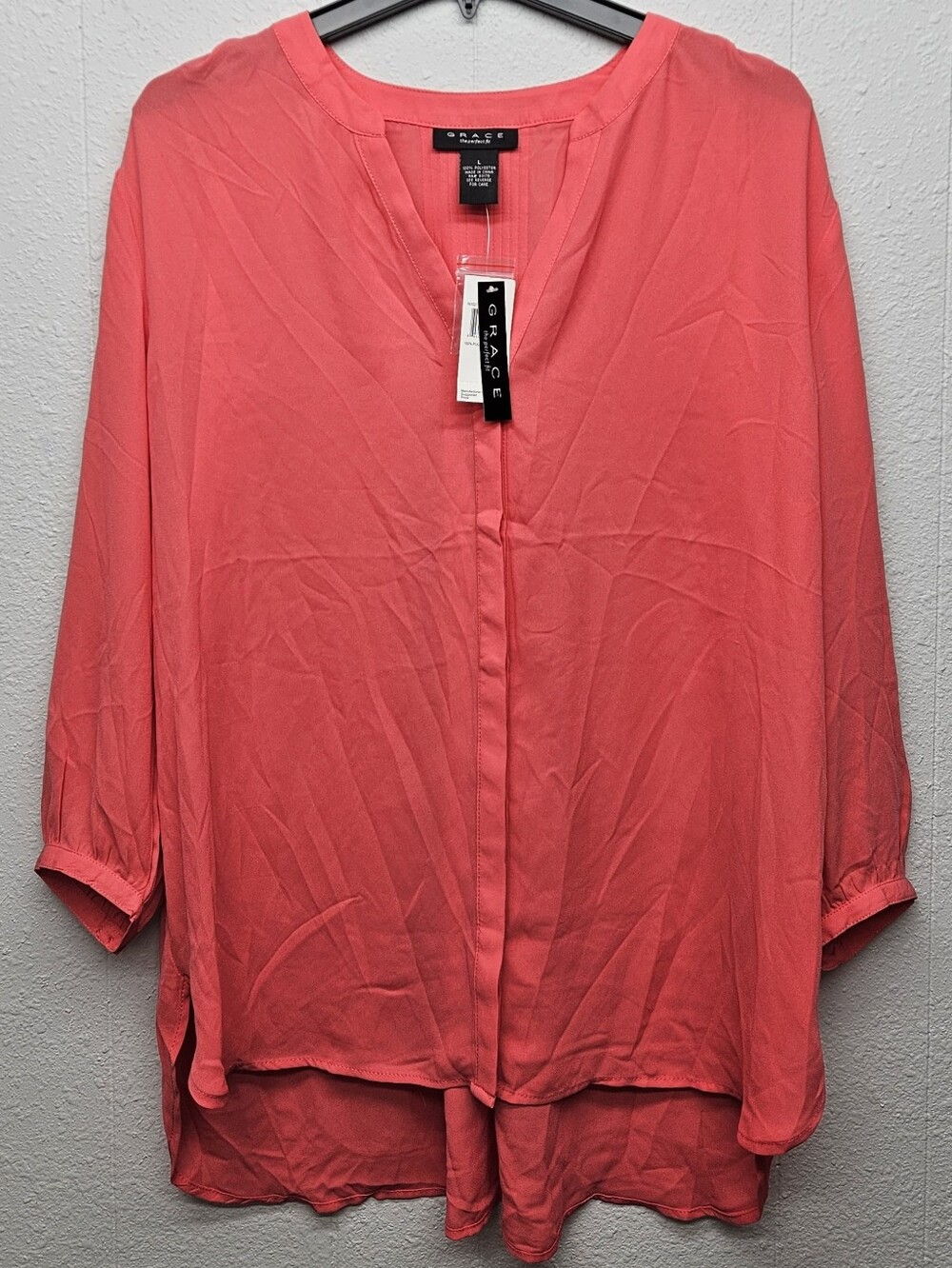 NWT Grace Coral High-Low Hem Tunic Button-Down Shirt Womens L Minimalist